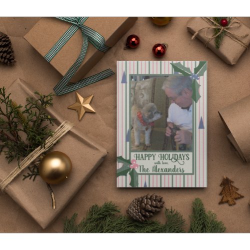 Pinstripe with Tree and Holly Photo Holiday Card