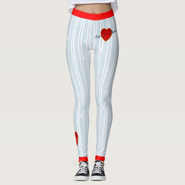 Pinstriped Sign Your Name Heart Blue(custom.) Leggings (Front)