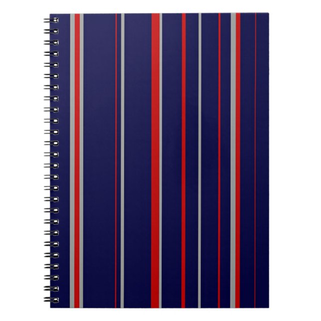 Pinstripes, colors red, navy, gray notebook (Front)