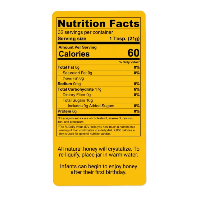 Pint Honey Jar Nutrition Facts Gold Label (Front)