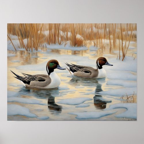 Pintail Ducks on Snowy Pond Poster