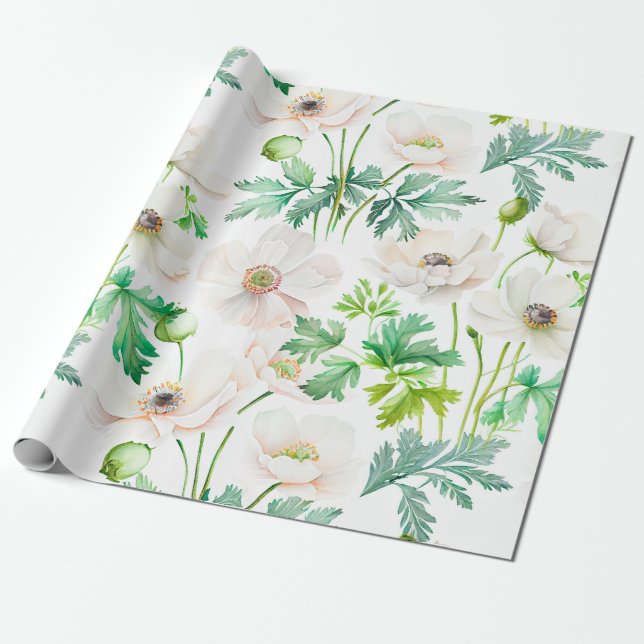 Pinted white anemone flowers on cream  wrapping paper (Unrolled)