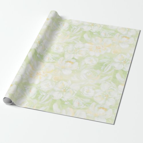 Pinted white flowers on green fresh wrapping paper