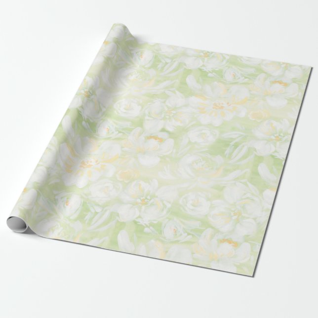 Pinted white flowers on green fresh wrapping paper (Unrolled)