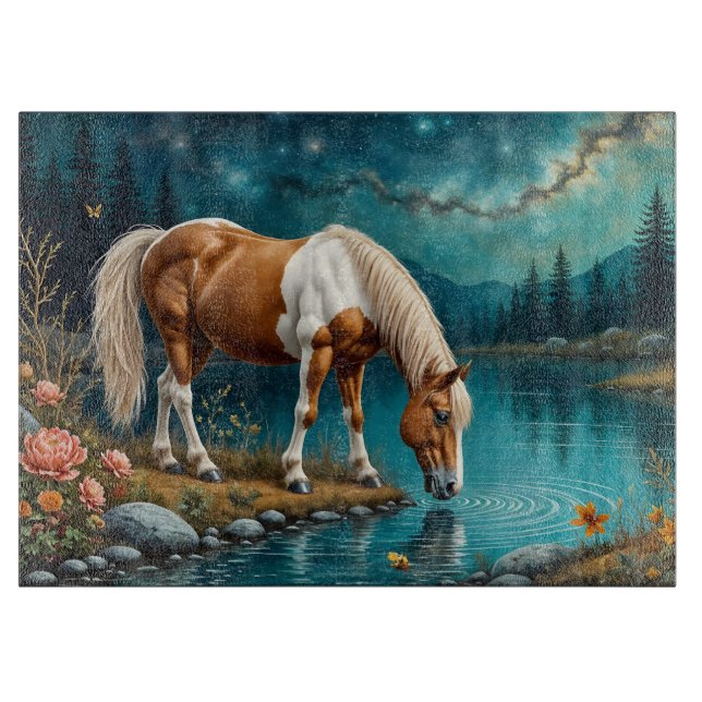 Pinto drinking water under the stars cutting board (Front)