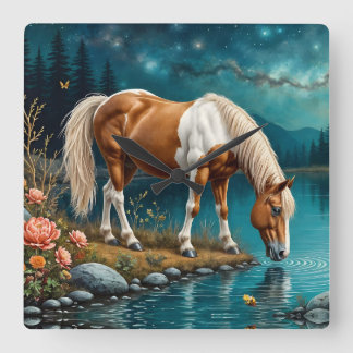 Pinto drinking water under the stars square wall clock