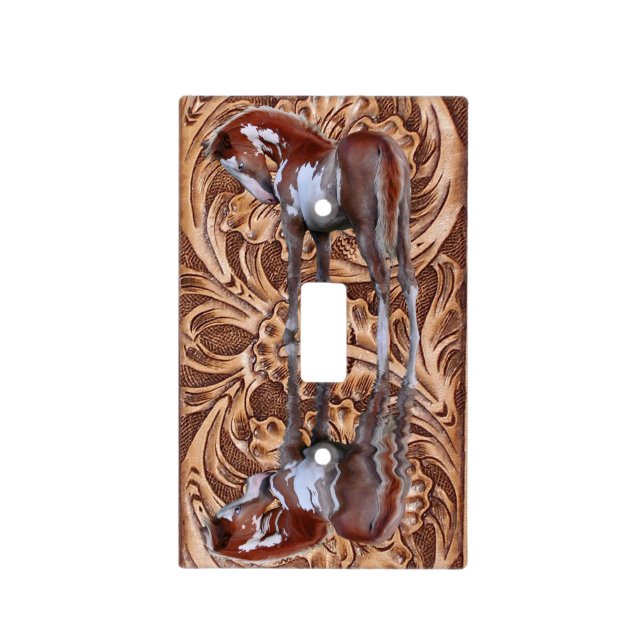 Pinto Filly Ranch Horse & Tooled leather-effect Light Switch Cover (Front)