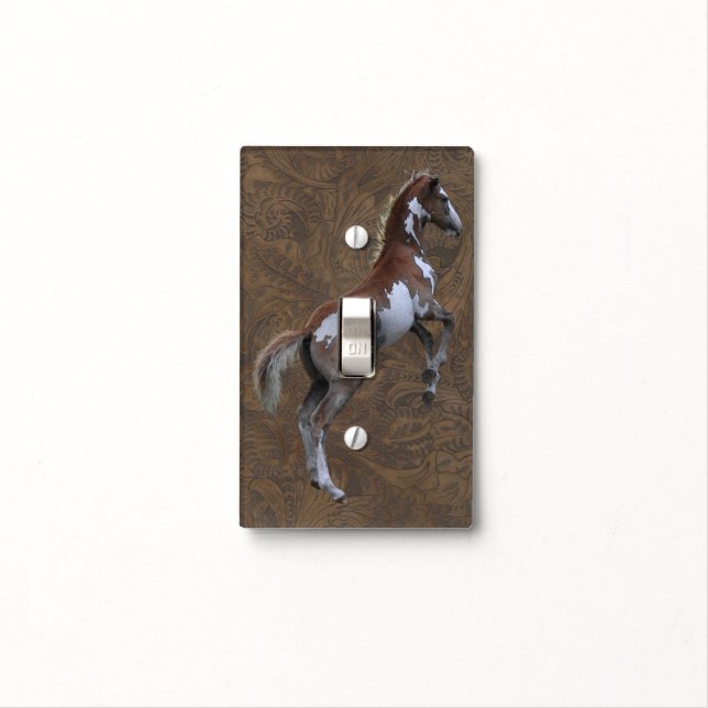 Pinto Filly Ranch Horse & Tooled leather-effect Light Switch Cover (In Situ)