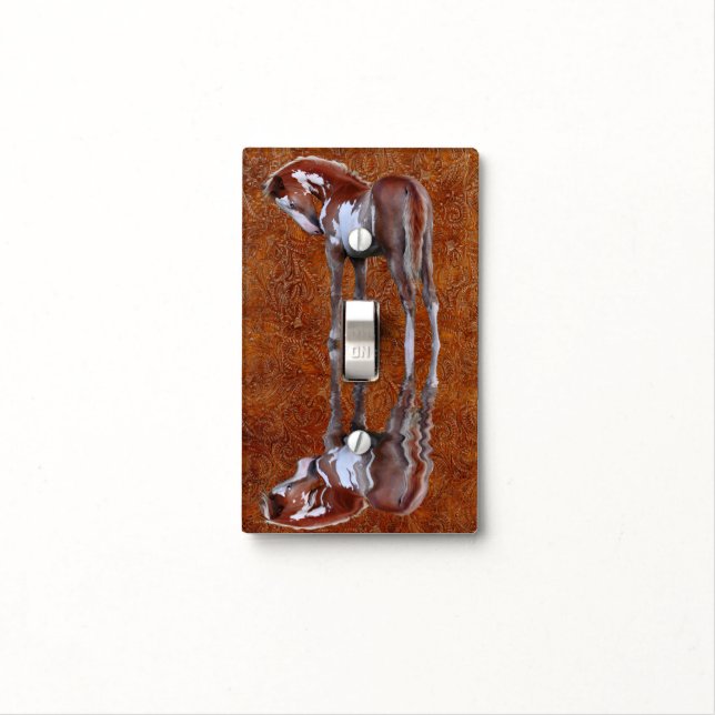 Pinto Filly Ranch Horse & Tooled leather-effect Light Switch Cover (In Situ)
