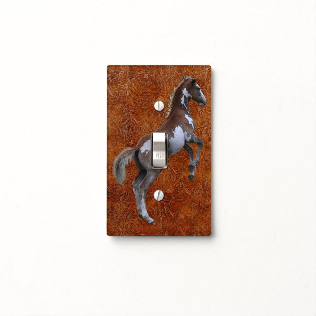 Pinto Filly Ranch Horse & Tooled leather-effect Light Switch Cover (In Situ)