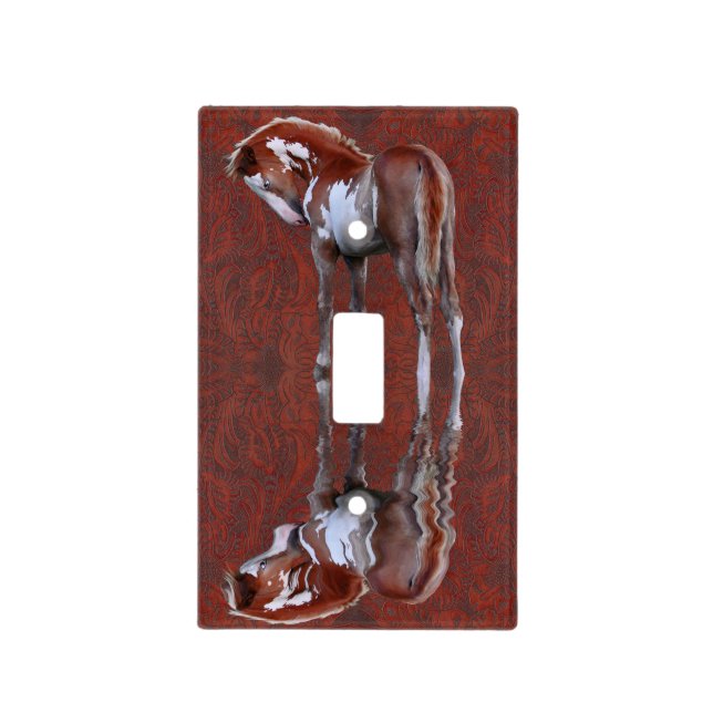 Pinto Filly Ranch Horse & Tooled leather-effect Light Switch Cover (Front)