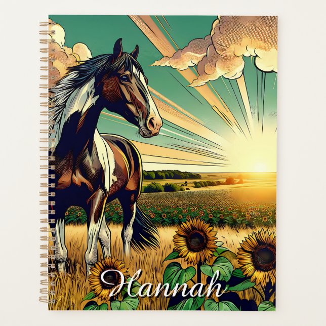 Pinto Horse in a Sunflower Field Personalized Planner (Front)