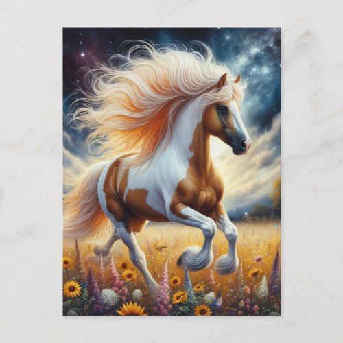 Pinto Horse in Flower Meadow Postcard