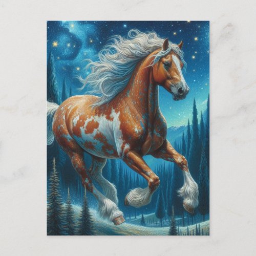 Pinto Horse in Van Gogh Starry Night Forest Postcard