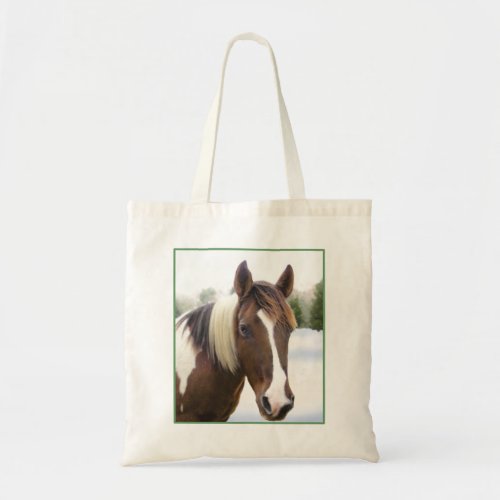 Pinto Horse in Winter Tote Bag