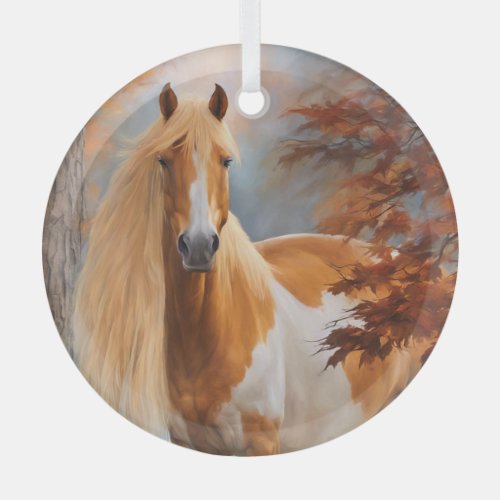 Pinto Paint Horse with Long Mane Xmas Glass Ornament