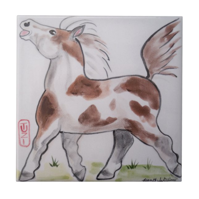 Pinto Paint Pony Brown White Horse Animal Art Ceramic Tile (Front)