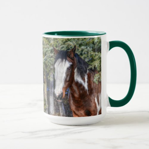 Pinto Paint Stallion  Evergreen Trees Mug