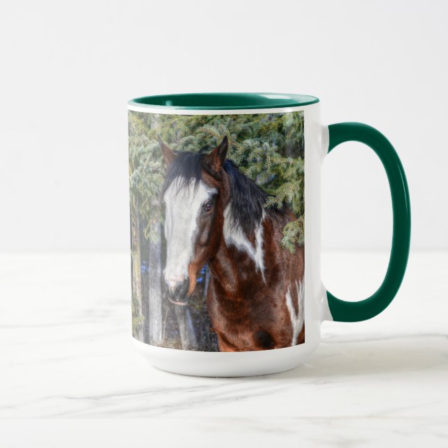 Pinto Paint Stallion & Evergreen Trees Mug (Right)