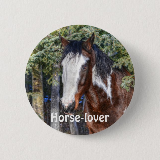 Pinto Paint Stallion & Evergreen Trees Pinback Button (Front)