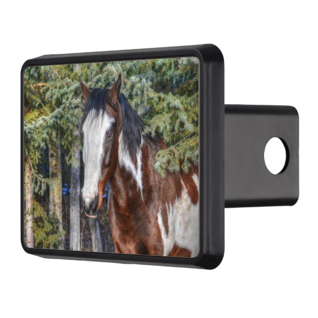 Pinto Paint Stallion & Evergreen Trees Trailer Hitch Cover (Left)