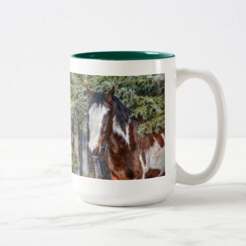 Pinto Paint Stallion  Evergreen Trees Two_Tone Coffee Mug