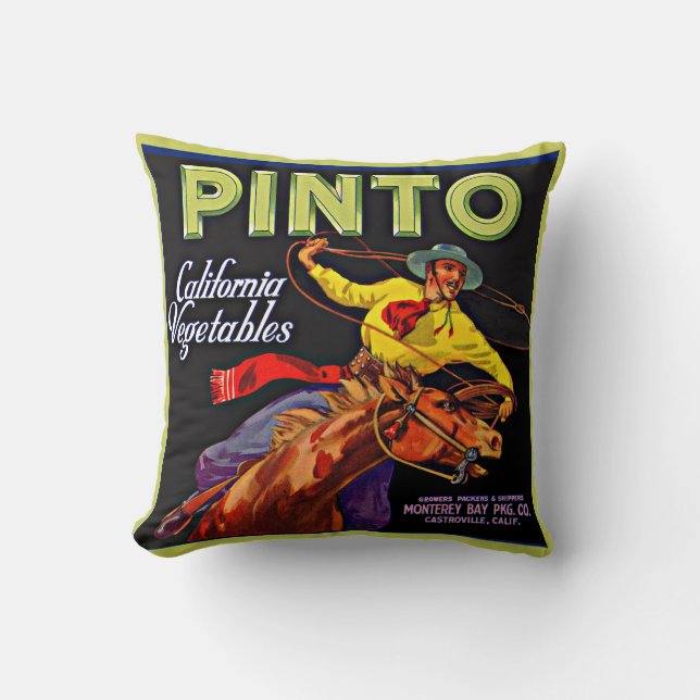Pinto vegetable crate label print throw pillow (Front)