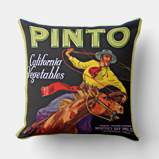 Pinto vegetable crate label print throw pillow (Front)