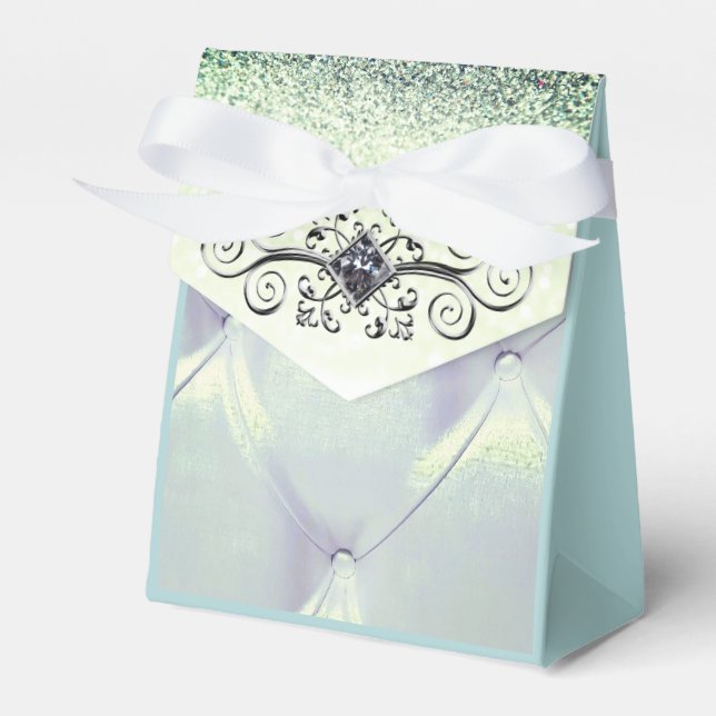 Pintuck satin diamond gray blue glitter look favor boxes (Front Side)