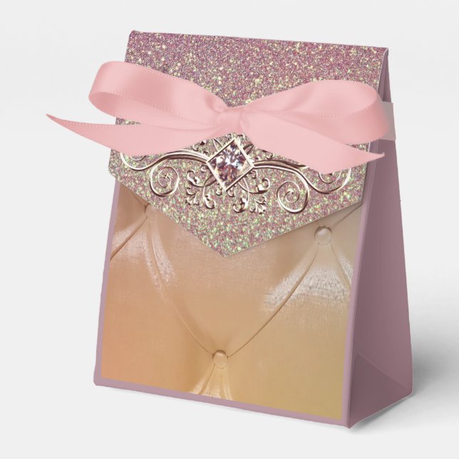 Pintuck satin pink diamond glitter look favor box (Front Side)