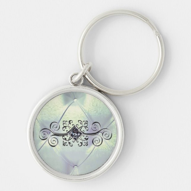 Pintuck silver satin and diamond look keychain (Front)