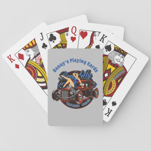 Pinup babe on hot rod car with your own name poker cards