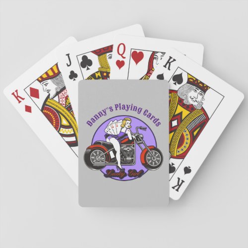 Pinup babe on motorcycle with your own name poker cards