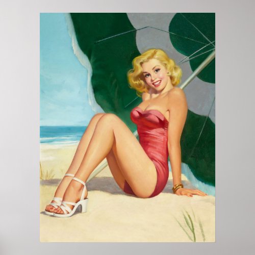 Pinup blond girl on the beach poster