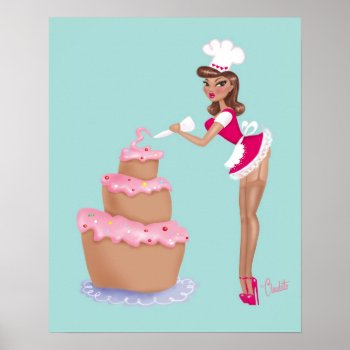 Pinup Chef Girl Icing A Cake- Blue Poster by FluffShop at Zazzle