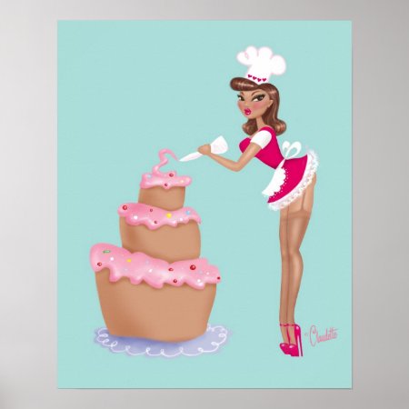 Pinup Chef Girl Icing A Cake- Blue Poster