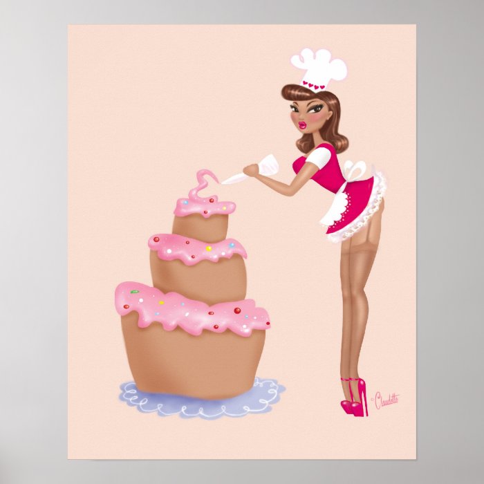 Pinup Chef Girl Icing a Cake Poster