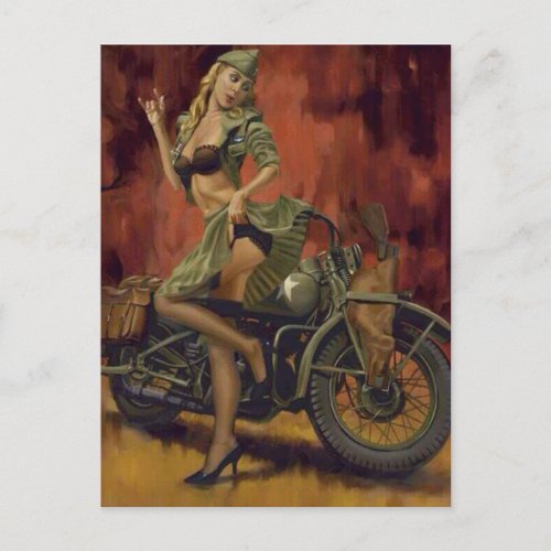 PINUP GIRL AND MOTORCYCLE POSTCARD