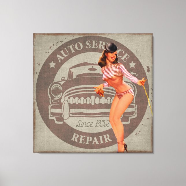 PINUP GIRL AUTO REPAIR ART PRINT STRETCHED CANVAS (Front)