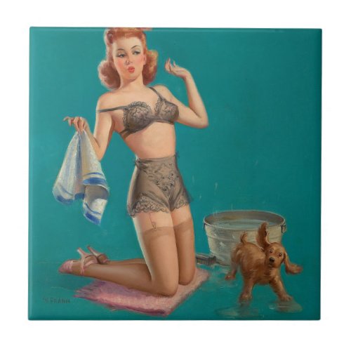 Pinup girl giving her dog a bath ceramic tile