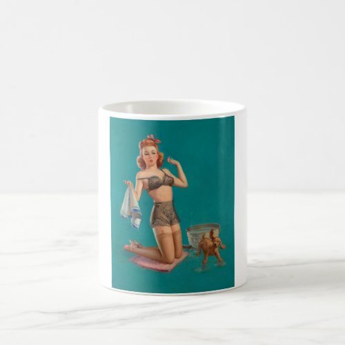 Pinup girl giving her dog a bath coffee mug