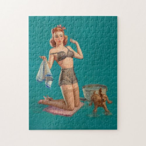 Pinup girl giving her dog a bath jigsaw puzzle