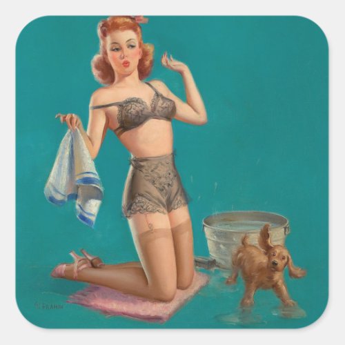 Pinup girl giving her dog a bath square sticker