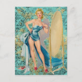 Pinup redhead girl had fishing accident funny postcard