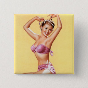 Pinup girl in pink bikini button