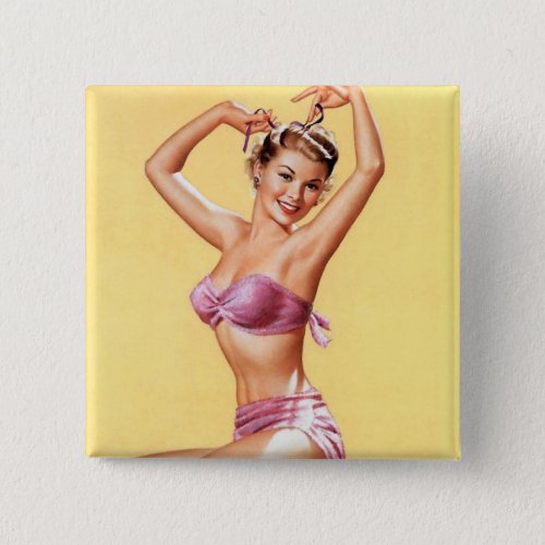 Pinup girl in pink bikini button