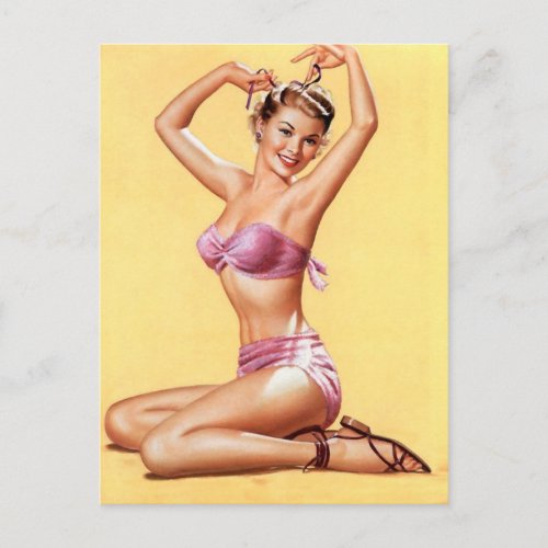 Pinup girl in pink bikini postcard
