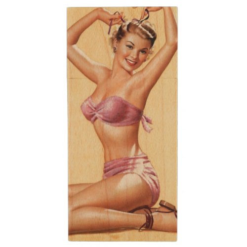 Pinup girl in pink bikini wood flash drive
