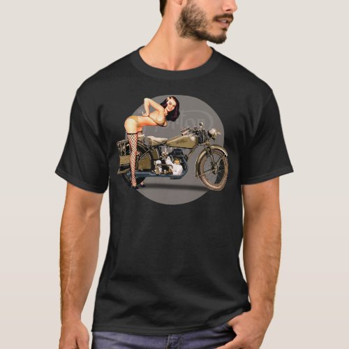 Pinup girl Norton 16H motorcycle retro WW2 T_Shirt