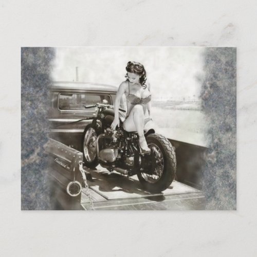 PINUP GIRL ON MOTORCYCLE POSTCARD